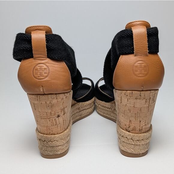 Tory Burch Natalya Peep-Toe Cork Espadrille Wedge Sandal Size 7 Black - Picture 2 of 8